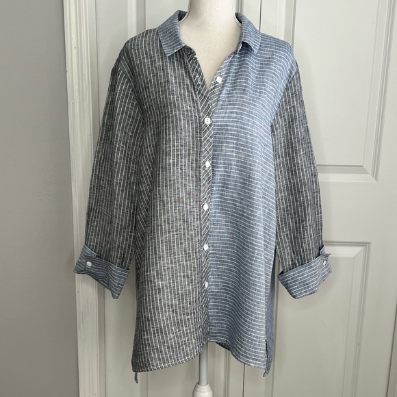 Habitat Grey Blue Stripe Colorblock Button Up Tunic Shirt Linen Large Lagenlook - Picture 1 of 10